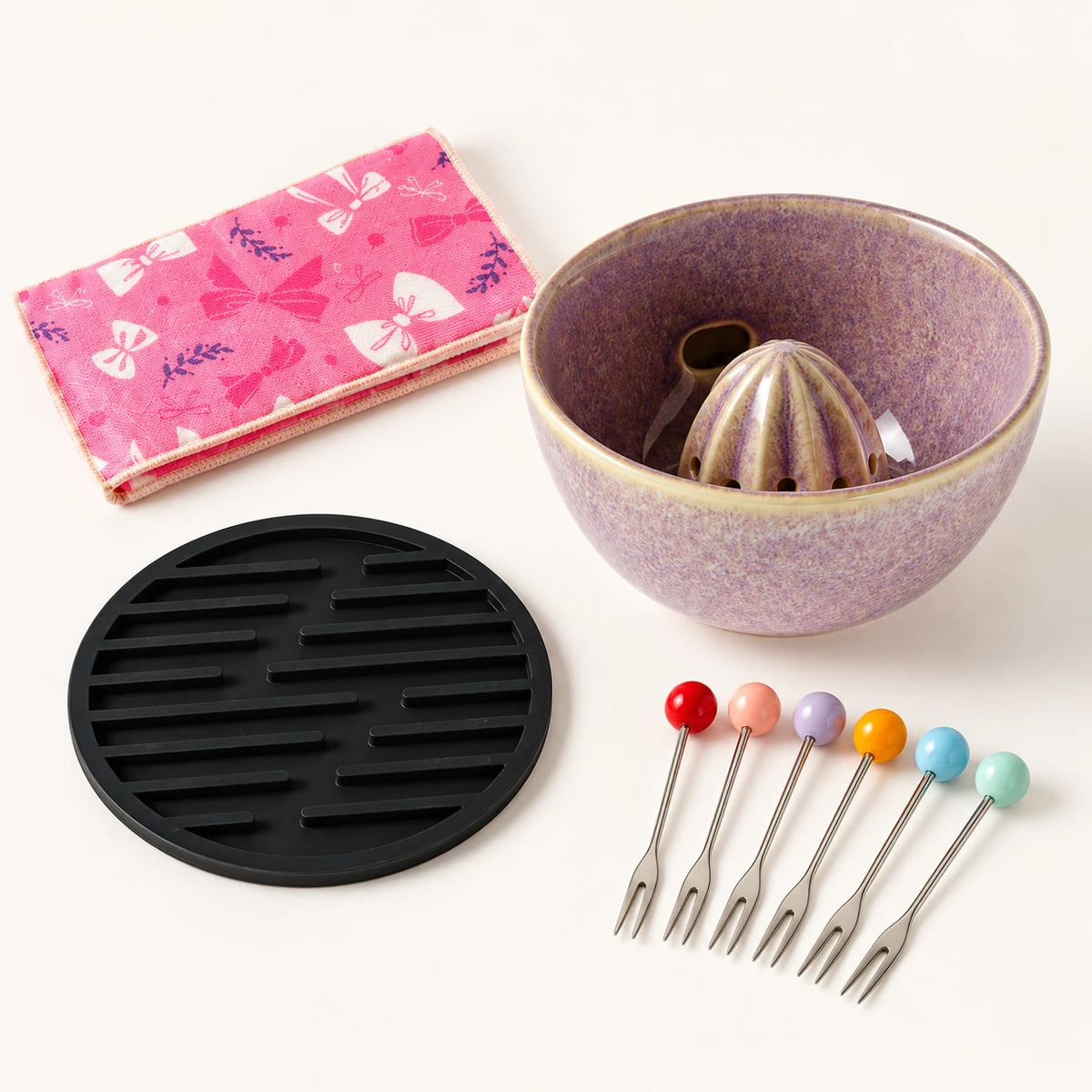 Ceramic Berry Bowl Set with Six Fruit Forks and Cloth
