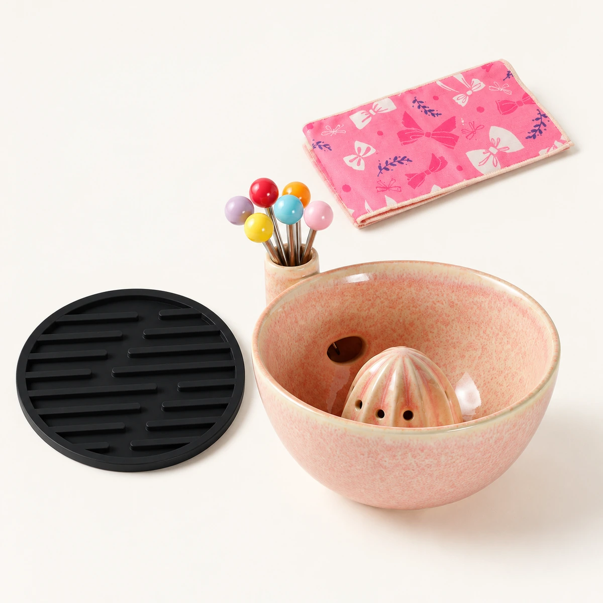Ceramic Berry Bowl Set with Six Fruit Forks and Cloth - Image 3