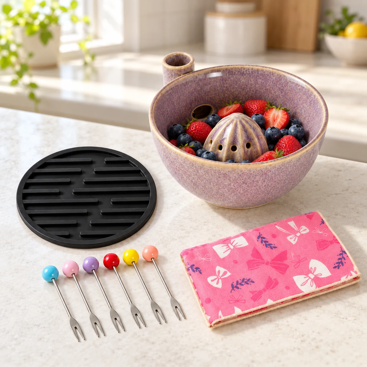 Ceramic Berry Bowl Set with Six Fruit Forks and Cloth - Image 9