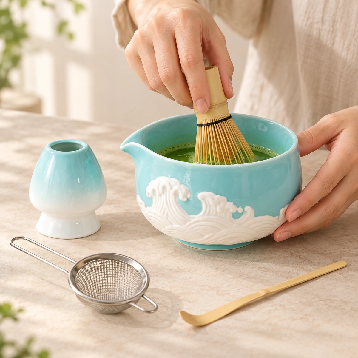 Embossed Ceramic Matcha Set – 5-Piece - Image 5